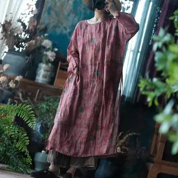 Johnature Женские платья с винтажным принтом и цветочным принтом, с круглым вырезом и длинным рукавом, осень-осень, высокое качество, женские свободные платья One Size синий