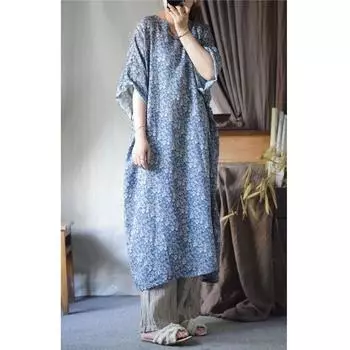 Johnature Женские платья с винтажным принтом и цветочным принтом, V-образным вырезом, семь рукавов, летние свободные мягкие платья А-силуэта One Size