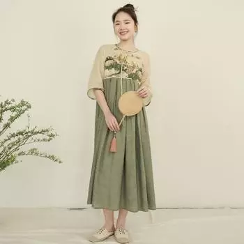 Johnature женские платья в китайском стиле с круглым вырезом и половиной рукавов с высокой талией, летние лоскутные винтажные платья на пуговицах One Size зелёный