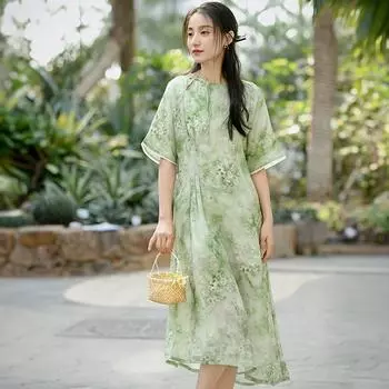 Johnature женские платья в китайском стиле с круглым вырезом и половиной рукавов с цветочным принтом летнее платье трапециевидной формы XL зелёный