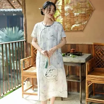 Johnature женские платья в китайском стиле с цветочным принтом и круглым вырезом с коротким рукавом, высокое качество, летнее платье трапециевидной формы M синий