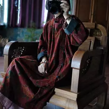 Johnature Женские платья в китайском стиле с длинным рукавом, красное, с цветочным принтом, винтажное, осеннее, на пуговицах, А-силуэтное платье для женщин One Size