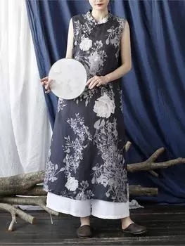 Johnature женские платья в китайском стиле с цветочным принтом, летнее платье без рукавов на пуговицах со стойкой, женское платье One Size чёрный