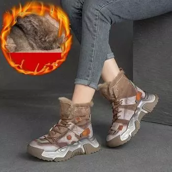 Johnature женские плюшевые теплые ботинки, обувь из натуральной кожи, зимние короткие ботинки ручной работы на толстой подошве в стиле ретро с круглым носком 35 чёрный