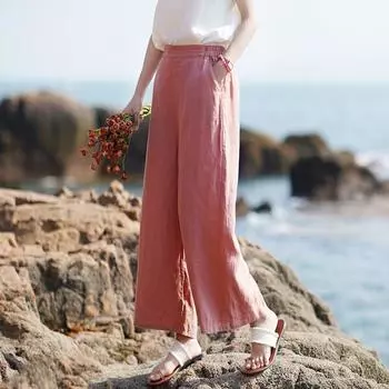 Johnature женские полосатые брюки с высокой талией однотонные винтажные льняные брюки летние женские брюки с эластичной резинкой на талии M светло-розовый