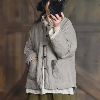 Johnature женские полосатые парки в китайском стиле со стойкой и длинными рукавами, зимние пальто на пуговицах, теплые льняные парки с карманами в стиле пэчворк One Size темно серый