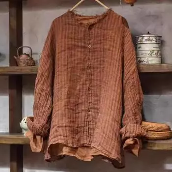 Johnature Женские полосатые рубашки с круглым вырезом и длинным рукавом Топы на пуговицах Весенние высококачественные женские винтажные блузки One Size кофейный