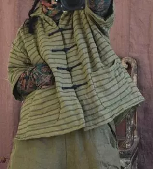 Johnature женские полосатые винтажные зимние парки льняные пальто свободная женская одежда с короткими рукавами парки с карманами