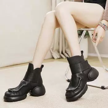 Johnature/женские полусапоги из натуральной кожи на толстом каблуке в стиле ретро, осенне-зимние однотонные универсальные туфли с круглым носком