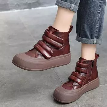 Johnature, женские полусапоги из натуральной кожи, осенне-зимняя обувь ручной работы на толстой подошве с боковой молнией в стиле ретро 35 чёрный