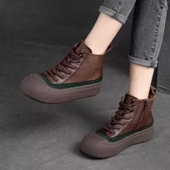 Johnature, женские полусапоги из натуральной кожи на толстой подошве в стиле ретро, универсальные цветные повседневные туфли на плоской платформе с круглым носком и боковой молнией