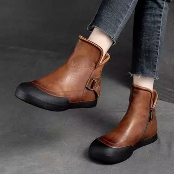 Johnature/женские полусапоги на плоской подошве в стиле ретро, модная универсальная однотонная обувь из натуральной кожи с круглым носком 35 кофейный