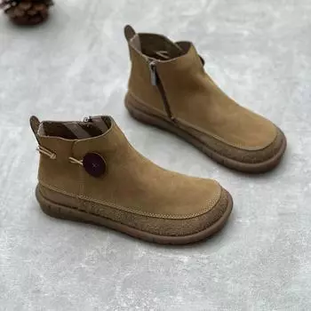 Johnature/женские полусапоги на плоской подошве в стиле ретро, обувь из натуральной кожи, однотонные ботильоны ручной работы с круглым носком 35 хаки