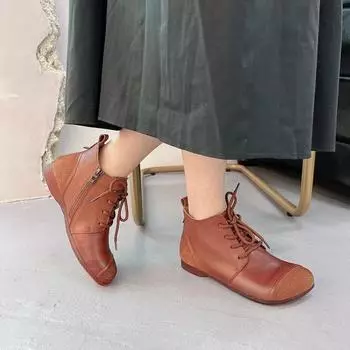 Johnature/женские полусапоги на плоской подошве в стиле ретро, обувь из натуральной кожи, ботильоны ручной работы с круглым носком на шнуровке 35 тёмно-рыжий