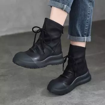 Johnature Женские полусапожки из натуральной кожи в стиле ретро, однотонные, на толстой подошве 36 чёрный