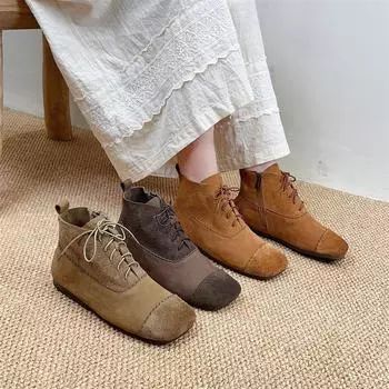 Johnature Женские полусапожки в стиле ретро из натуральной кожи с круглым носком и шнуровкой 35 кофейный