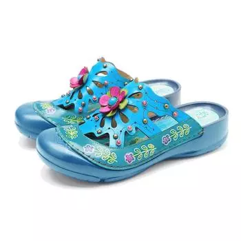 Johnature женские полые тапочки из натуральной кожи, наружные шлепанцы с ручной росписью, сандалии на плоской подошве с цветочным узором ручной работы 36 синий