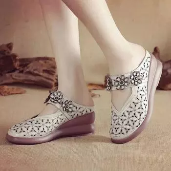 Johnature/женские полые тапочки в этническом стиле с цветочным узором, дышащая обувь на танкетке из натуральной кожи