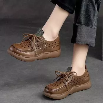 Johnature/женские полые туфли, женские сандалии из натуральной кожи, весна-лето, лаконичная дышащая обувь ручной работы на шнуровке в стиле ретро 35 красно-коричневый