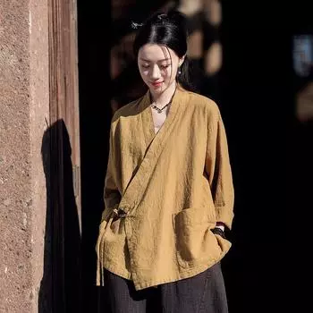 Johnature Женские повязки в китайском стиле, однотонные блузки с v-образным вырезом и длинными рукавами, весенние винтажные рубашки One Size бежевый