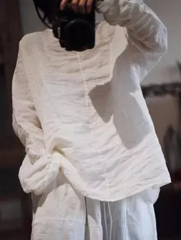 Johnature женские повседневные белые футболки с длинными рукавами и круглым вырезом, весенние свободные женские футболки Ramie высокого качества One Size