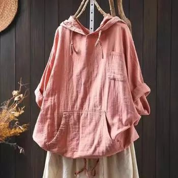 Johnature Женские повседневные футболки с капюшоном, летние однотонные свободные карманы, мягкие футболки с коротким рукавом One Size розовый