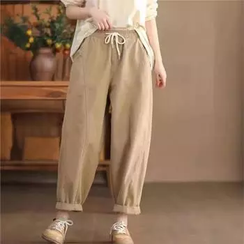 Johnature женские повседневные хлопковые шаровары однотонные весенние свободные брюки с эластичной резинкой на талии винтажные длинные брюки с поясом M