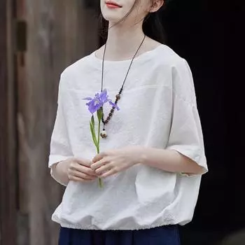 Johnature женские повседневные льняные футболки летние футболки с короткими рукавами и круглым вырезом однотонные свободные женские футболки One Size чёрный