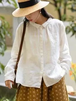 Johnature женские повседневные льняные рубашки сплошной цвет с длинным рукавом осенние блузки на пуговицах винтажные свободные женские рубашки One Size жёлтый