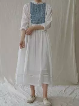 Johnature женские повседневные лоскутные цветные платья Ramie, халаты с длинными рукавами и поясом, осенние белые платья в китайском стиле One Size белый