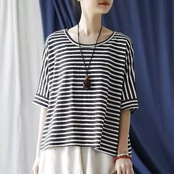 Johnature женские повседневные полосатые футболки с круглым вырезом, футболки с короткими рукавами, осенняя хлопковая мягкая женская одежда, свободные футболки One Size синий