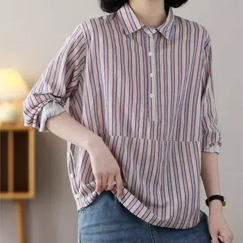 Johnature женские повседневные полосатые рубашки топы на пуговицах свободные с длинным рукавом с отложным воротником весенние блузки в корейском стиле