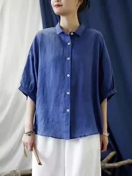 Johnature женские повседневные синие рубашки Ramie на пуговицах с отложным воротником, блузки, летние женские рубашки One Size синий