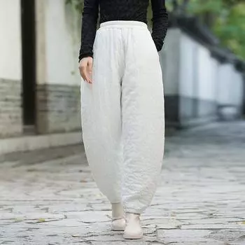 Johnature женские повседневные теплые хлопковые осенне-зимние брюки с эластичной резинкой на талии, однотонные винтажные шаровары с толстыми карманами One Size армия зеленый