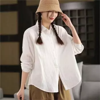 Johnature Женские повседневные весенние рубашки, топы, однотонные, с отложным воротником, с длинным рукавом, блузки, рубашки на пуговицах One Size хаки
