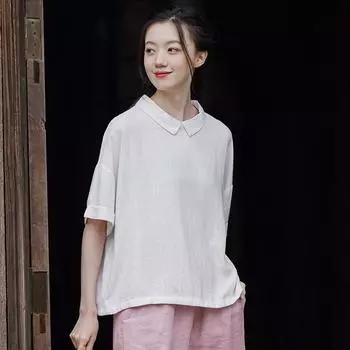 Johnature женские пуловеры льняные футболки однотонные отложные с короткими рукавами летние свободные повседневные женские футболки One Size красный