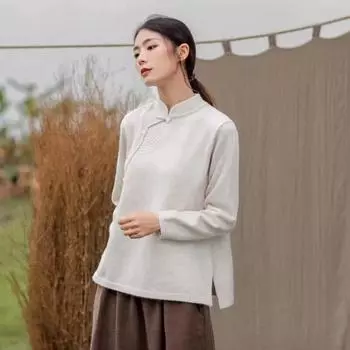 Johnature женские пуловеры в китайском стиле, однотонная трикотажная одежда, весенние свитера с длинными рукавами и длинными рукавами-стойкой One Size светло-синий