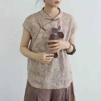 Johnature Женские рубашки без рукавов в китайском стиле с цветочным принтом и принтом на пуговицах, летние блузки, винтажные рубашки One Size