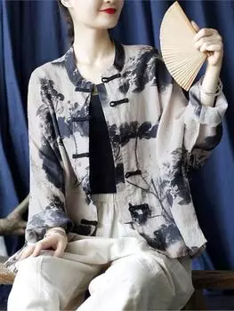 Johnature женские рубашки рами в китайском стиле с длинными рукавами и пуговицами, свободные осенние блузки, рубашки с принтом чернильной стирки One Size чёрный