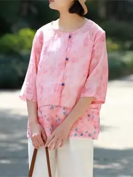 Johnature женские рубашки рами винтажные блузки с цветочным принтом с коротким рукавом летние розовые свободные женские рубашки One Size розовый