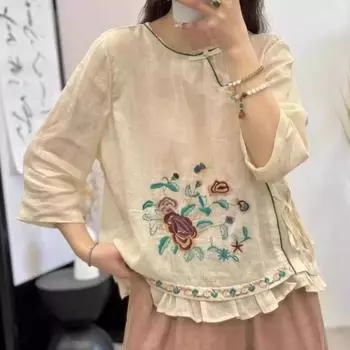 Johnature женские рубашки с цветочной вышивкой и круглым вырезом, топы с семью рукавами, летние винтажные свободные женские блузки