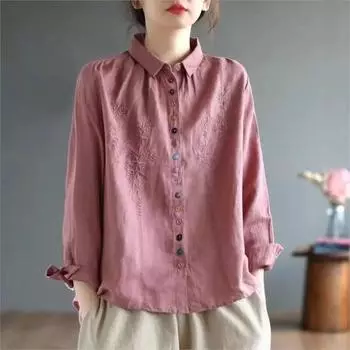 Johnature женские рубашки с цветочной вышивкой, топы, однотонные весенние блузки с отложным воротником, свободные женские рубашки One Size светло-розовый