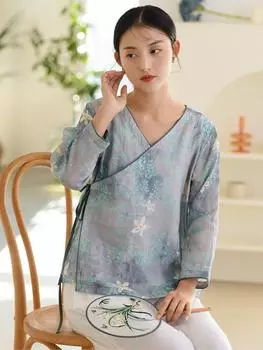 Johnature женские рубашки с цветочным принтом и v-образным вырезом, топы с длинными рукавами, весенние винтажные блузки Ramie, женские рубашки с поясом S зелёный