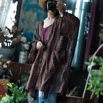 Johnature Женские рубашки с цветочным принтом, рукава «летучая мышь», свободные блузки, весенние рубашки с V-образным вырезом, поясом и карманами в стиле пэчворк, винтажные рубашки One Size