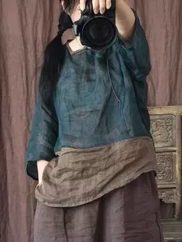 Johnature женские рубашки с цветочным принтом рами, топы, одежда в китайском стиле, летние лоскутные блузки с семью рукавами One Size зелёный