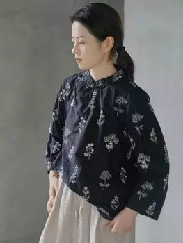 Johnature женские рубашки с цветочным принтом-стойкой, хлопковые осенние блузки в китайском стиле, женские рубашки на пуговицах с девятью рукавами M чёрный