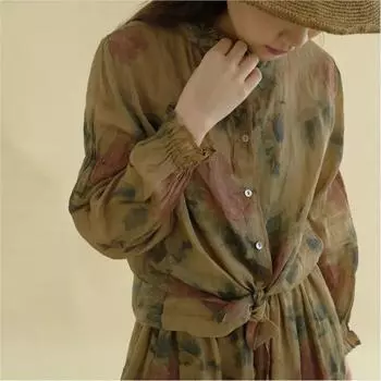 Johnature женские рубашки с цветочным принтом, топы, осенние блузки с длинными рукавами и пуговицами Ramie Stand, винтажные рубашки высокого качества One Size кофейный