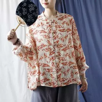 Johnature женские рубашки с цветочным принтом в китайском стиле, топы, осенние винтажные рубашки с длинными рукавами и пуговицами на стойке рами One Size разноцветный
