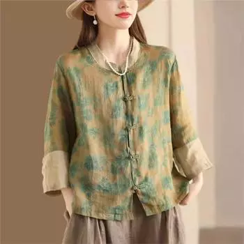 Johnature Женские рубашки с цветочным принтом в китайском стиле, топы с семью рукавами, летние женские блузки в винтажном стиле One Size синий
