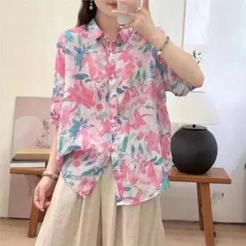 Johnature Женские рубашки с цветочным принтом в винтажном стиле, топы с отложным воротником и семью рукавами, летние рубашки в китайском стиле One Size
